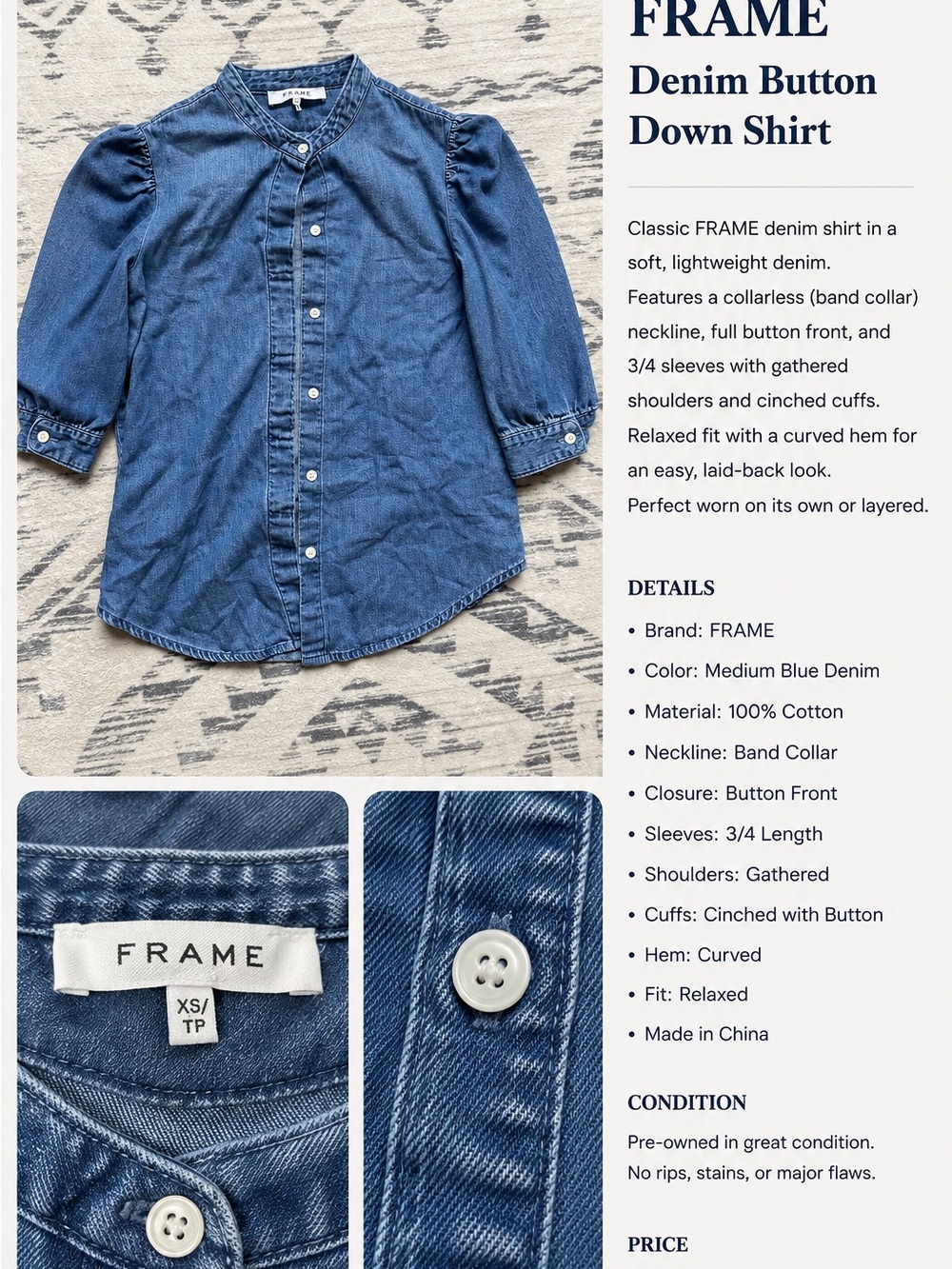 Frame Denim' Medium Blue Denim Button-Down Shirt - Band Collar, 3/4 Sleeves